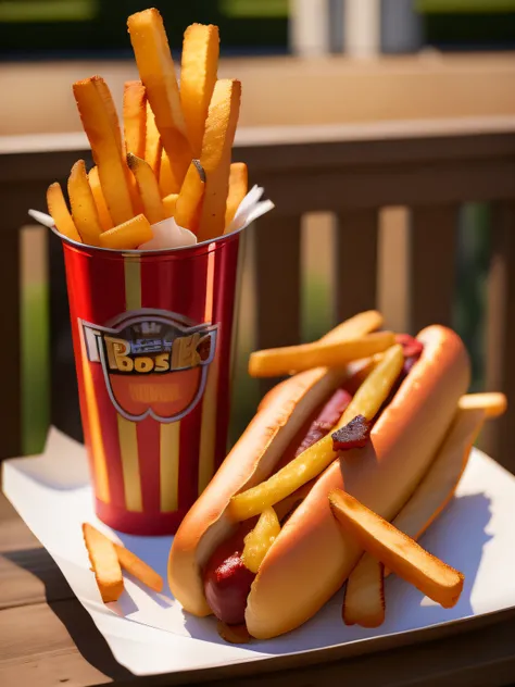 Super Bobs Hot Dog, French Fries, Orange Soda, with a red apple on the side, extremely detailed, UHD, 8K, Nikon D3200 Camera 24.2 MP CMOS Digital SLR with Zoom Lens NIKKOR 18-55mm f/3.5- 5.6 Auto Focus-S DX VR