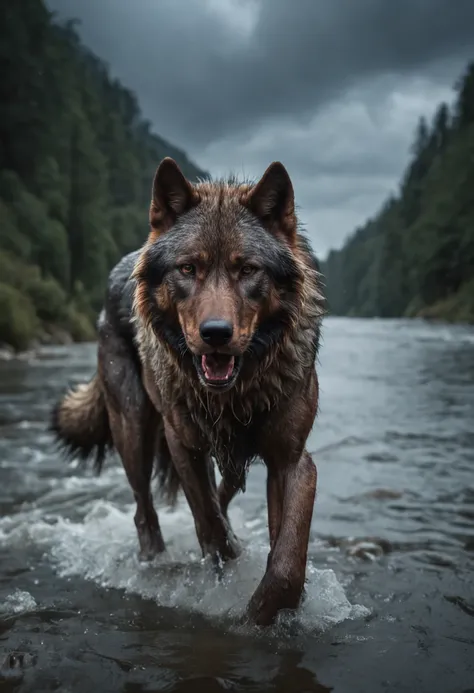 Wolf God, surreal, tense, cold, highly detailed, sharp, professional, 8k UHD, movie, dark, violent, outdoor, river, battle, chase, dramatic, vivid, tense atmosphere, rendering, epic, twilight, HDR, album cover, blizzard, lightning, disaster