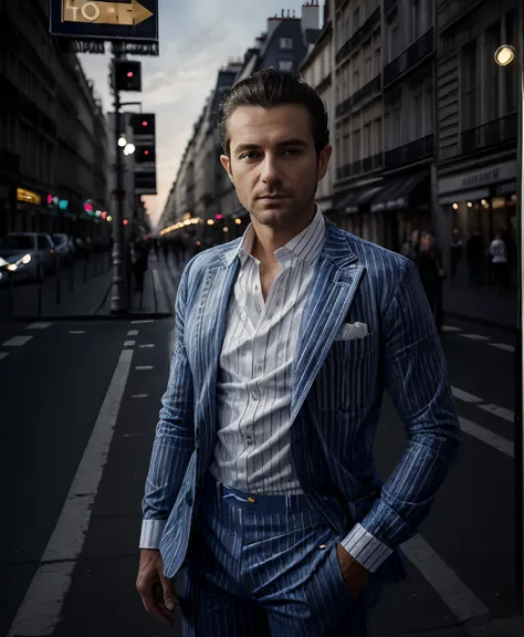 (tmasterpiece, photoreallistic), (f/1.4, Sony a7R IV) ...RAW, Portrait of a man with a seductive European hand, 35 ans, (cheveux bruns courts sans barbe:1.3), (petites oreilles:1.3). Full view, (portant une veste de costume bleu velours:1.5), (White stripe...