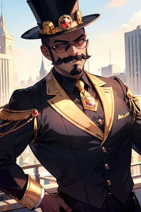 "(bald dark-skinned muscular man with a sly grin), garnet eyes, ((and large mustache)), wearing a top hat and black tuxedo with a black shirt complimented by a golden tie and round golden sunglasses over his eyes, (beautiful golden city background), ultra ...