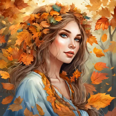 pintura de uma mulher com cabelos longos e olhos azuis em um campo de folhas, junto com um belo tigre, bela arte digital, linda arte digital linda, Arte bonita UHD 4K, bela arte digital, a beautiful artwork illustration, pintura digital bonita, arte digita...