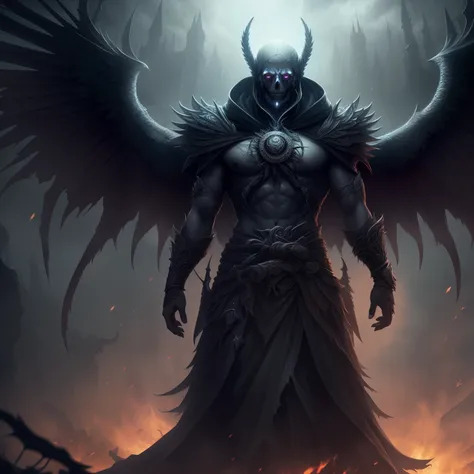 (very detailed 8k wallpaper), super realistic of a terrifying necromancer, intricate, high detail, dramatic, with wings