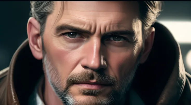 Theres a man with a beard and jacket staring into the camera, Cinematic realistic portrait, Iconic character of high detail, cinematic bust portrait, rosto realista detalhado, retrato hiper detalhe, Retrato de Adam Jensen, closeup retrato de personagem, re...