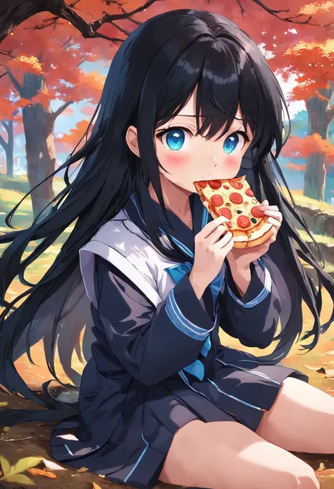 black hair girl，Highest image quality，long whitr hair，Wearing a Japanese student uniform，extrovert，eBlue eyes，Sit in the tree, eating pizza.