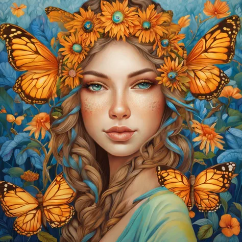 pintura de uma mulher com cabelos longos e olhos azuis em um campo de folhas, junto com um belo tigre, ((Best quality)), ((masterpiece))art installation art brock moore in the wilds of california, in the style of casey weldon, natalie shau, giuseppe arcimb...