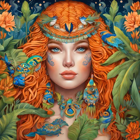 pintura de uma mulher com cabelos longos e olhos azuis em um campo de folhas, junto com um belo tigre, ((Best quality)), ((masterpiece))art installation art brock moore in the wilds of california, in the style of casey weldon, natalie shau, giuseppe arcimb...