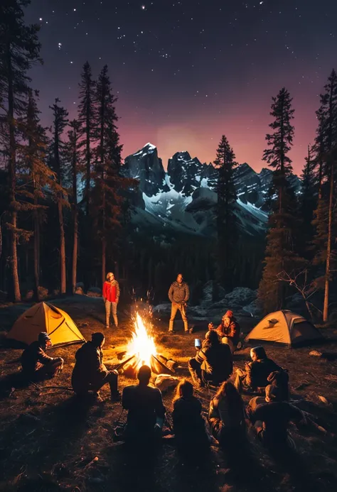 Nighttime camping scene featuring a group of friends beneath a starlit sky. The campsite is set within a clearing surrounded by tall trees. A campfire is burning at the center, casting flames and amber light. The night sky is clear and filled with bright s...