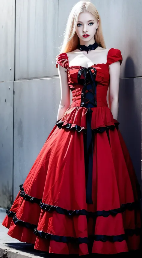 Photo of dress red gothic sexy, blonde, eyes blue Woman, Summer,