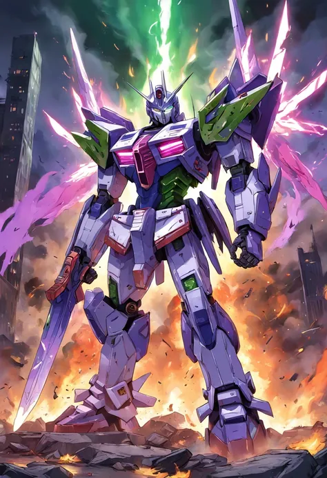 a drawing of a robot in purple color with a flaming sword with green fire and a knife, no sua armadura tem o brasao do Brasil, de transformadores, transformadores g1, Deus grego no estilo mecha, transformar, Transformadores!!!!!!!!!!!!!, Optimus Prime, sem...