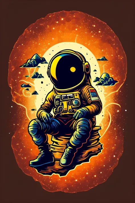 An astronaut sitting on a rock in a relaxed position, with a beer, in a circle, with black background and art vector style, in a vibrant and characteristic sunset, with detailed and sharp outline, as a t-shirt logo in the style of art