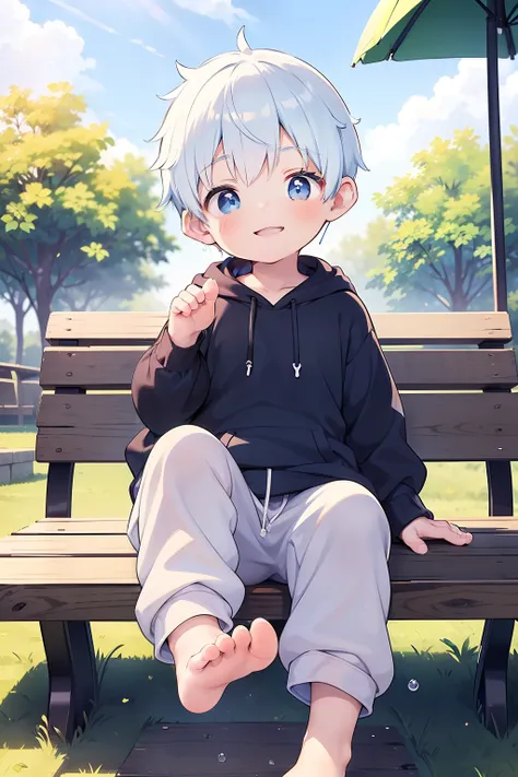 masterpiece, chubby little boy with cyan hair and shiny bright blue colored eyes and wearing a hoodie, and oversized sweatpants ...