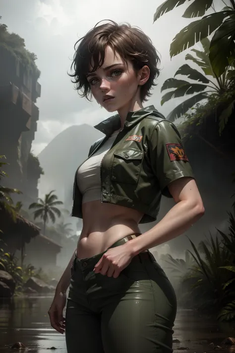 Hot Sophia lillis hunting alongside with a raptor next door jurassic jungle in background, rainy wet weather, soaking wet skin, raindrops, thunderstorm, bright neon lights, pale skin, high details, bare pants down,  best quality, 8k, [ultra detailed], mast...