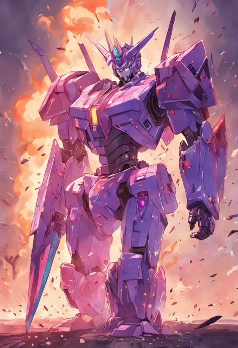 a drawing of a robot in purple color with a flaming sword with green fire and a knife, no sua armadura tem o brasao do Brasil, de transformadores, transformadores g1, Deus grego no estilo mecha, transformar, Transformadores!!!!!!!!!!!!!, Optimus Prime, sem...