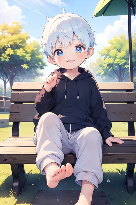 masterpiece, chubby little boy with cyan hair and shiny bright blue colored eyes and wearing a hoodie, and oversized sweatpants ...