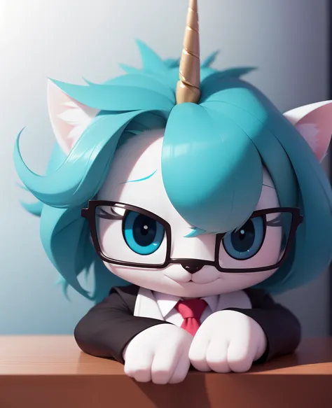 unikitty, biznis kitty, furry female anthro, unicorn girl, portrait, close-up, kneeling on table, glasses, necktie, solo, (body ...