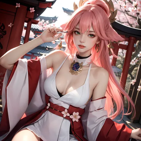 (Masterpiece, Excellent, 1girl, solo, complex details, color difference), realism, ((medium breath)), off-the-shoulders, big breasts, sexy, Yae Miko, long pink hair, red headdress, red highlight, hair above one eye, green eyes, earrings, sharp eyes, perfec...