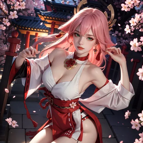 (Masterpiece, Excellent, 1girl, solo, complex details, color difference), realism, ((medium breath)), off-the-shoulders, big breasts, sexy, Yae Miko, long pink hair, red headdress, red highlight, hair above one eye, green eyes, earrings, sharp eyes, perfec...