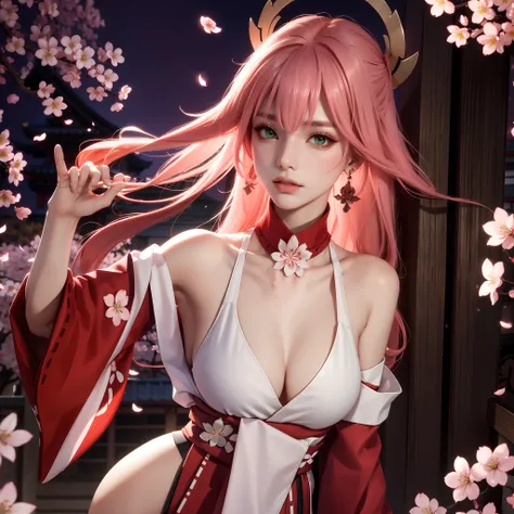 (Masterpiece, Excellent, 1girl, solo, complex details, color difference), realism, ((medium breath)), off-the-shoulders, big breasts, sexy, Yae Miko, long pink hair, red headdress, red highlight, hair above one eye, green eyes, earrings, sharp eyes, perfec...