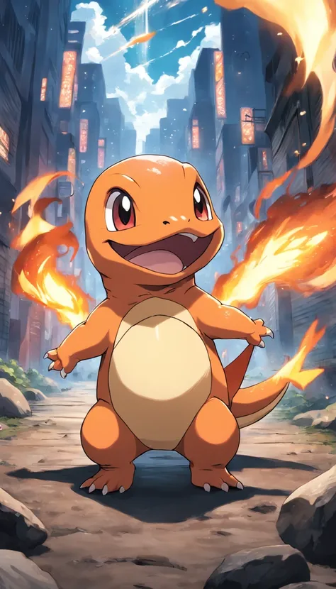 Charmander em com um fundo pegando fogo