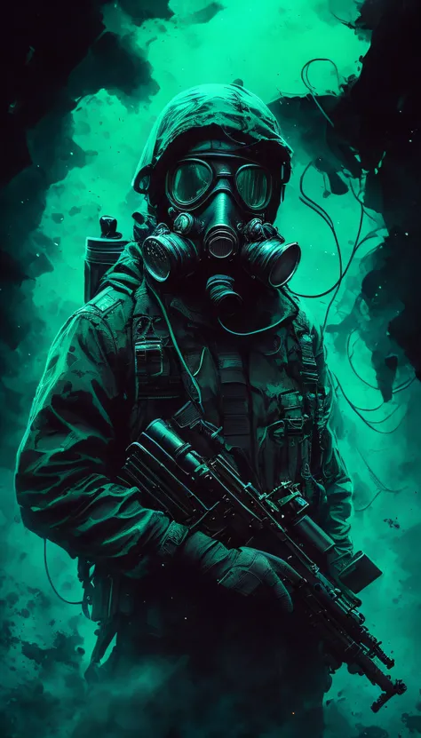 a close up of a person wearing a gas mask and holding a rifle, ((Blue)), dark cyberpunk illustration, ( apocalyptic ) 8 k, wojtek fus, 4k detailed digital art, sci-fi digital art illustration, apocalyptic 8 k, apocalyptic 8k, epic digital art illustration,...