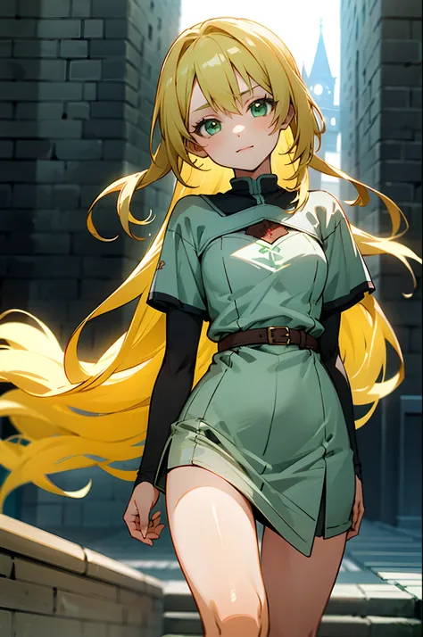 Anime girl with blonde long hair, light green eyes, yellow medieval dress, medieval tower, looking at viewer, sunny day, wind, ultrasharp, 8k, seductive girl, perfect body, perfect eyes, perfect anatomy,