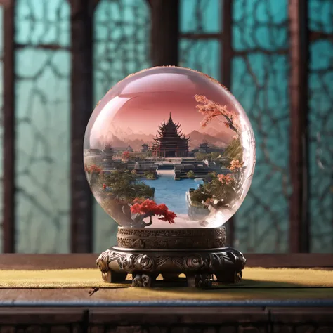 An ultra-realistic and transparent crystal ball, Miniature a super realistic and detailed mini-scene, Inside are scenes of ancient Chinese cities in high detail, The crystal ball is placed on a horizontal tabletop, The background is a plain blue sky meadow