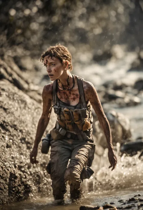 a photo action shot of Hot Sophia lillis hunting along velociraptor blue, beautiful, sweaty, sweat glistening, science fiction movie, old scars, suspended movement, slow motion, visual flow, rough and tumble, dirt flying, pale, piercing eyes, (highly detai...