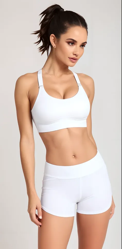 uma mulher linda de bermuda branca e um top branco posando para uma foto, white bra, Esporte bom, tampo de cabresto branco, sport bra and shirt, sports bra, brassier, detailed sports bra, tampo branco, Encaixe figura delicada, Bralette, Titular Top, sport ...