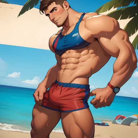 Gay hot brunette man, bara, massive  bulge in swim shorts, one man, solo, wearing a swim suit, shirtless, six pack abs, beach, wet shorts, standing