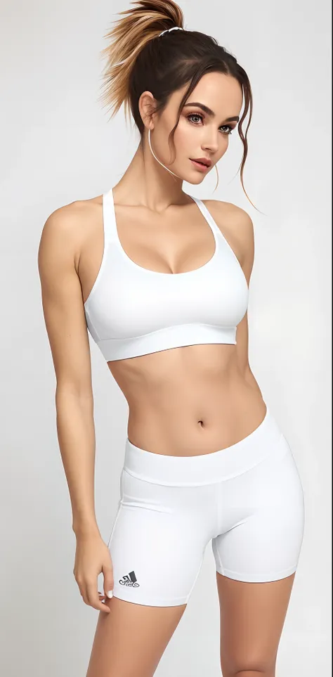 uma mulher linda de bermuda branca e um top branco posando para uma foto, white bra, Esporte bom, tampo de cabresto branco, sport bra and shirt, sports bra, brassier, detailed sports bra, tampo branco, Encaixe figura delicada, Bralette, Titular Top, sport ...