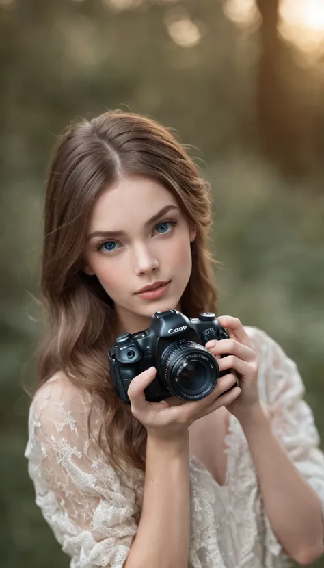 photo realistic, pretty girl, 22, blue eyes holding a camera,