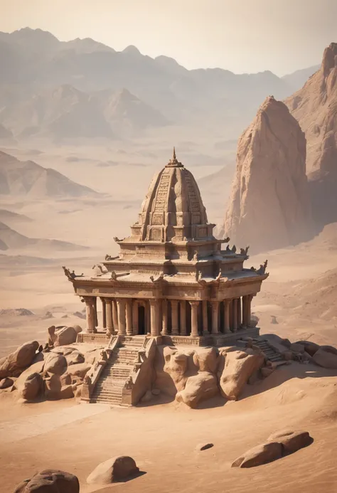 high details, best quality, 8k, [ultra detailed], masterpiece, best quality, phtorealism (extremely detailed), fantasy art, a picture of mountain in the desert with an ancient temple built into the mountain(intense details, Masterpiece, best quality: 1.5),...