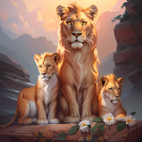 Three lions sitting on a rock along with flowers, lions, beautiful digital illustration, Simon Ushakov, by Aleksander Kotsis, Galen Dara, Realistic scene, Majestic painting, a family portrait, digital painting highly detailed, Majesty, stunning digital ill...