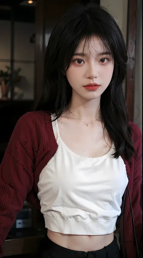 best qualtiy， 超高分辨率， （realisticlying：1.4），Baoyu Girl，1girll, with long coiled hair，Looking into the distance，nedium breasts，Cropped red sweater，a sense of atmosphere，Beautiful woman with a slim figure:1.4, Abs，Ultra-fine face，Elaborate Eyes，二重まぶた，choker ne...