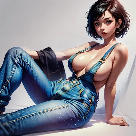 1 voluptuous woman (Sarah Hyland), short black hair, hairstyle pixie, eyes, environment change scene, Female, wearing only "jeans overalls", "without shirt", uncovered shoulders, (simple background, white background: 1.3), illustration, ((masterpiece)), ((...