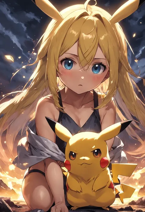 master part,melhor qualidade, illustration, Pikachu ,Belo brilho detalhado,(Chamas de guerra:1.2),Detailed lighting,(belos olhos detalhados:1.1),no expression, corpo inteiro