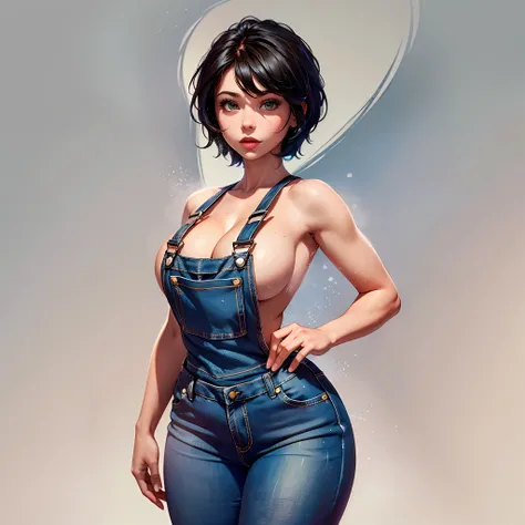 1 voluptuous woman (Sarah Hyland), short black hair, hairstyle pixie, eyes, environment change scene, Female, wearing only "jeans overalls", "without shirt", uncovered shoulders, (simple background, white background: 1.3), illustration, ((masterpiece)), ((...