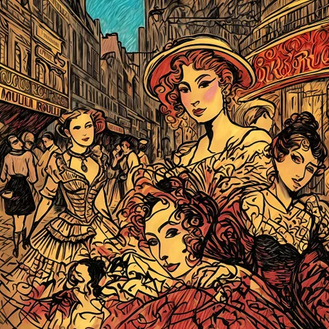 the women of the Moulin Rouge in the style of Lautrec, hyper realistic, not showing hands --auto --s2