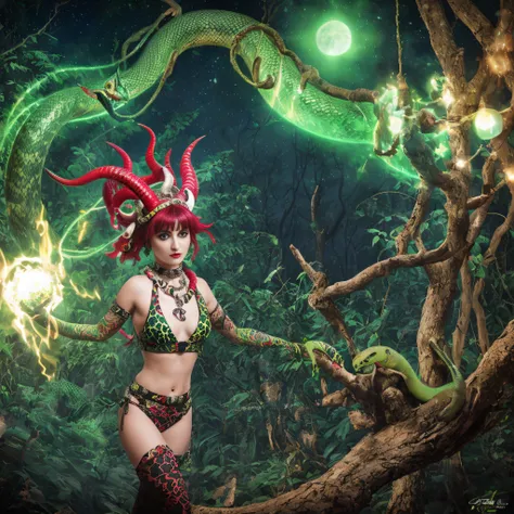 Young Siouxsie Sioux wearing a necklace with green snake print with red with horns, yellow eyes, body with tribal paintings in white color, background composed of a wooden house catching fire in the middle of a forest, at night, illuminated by the light of...