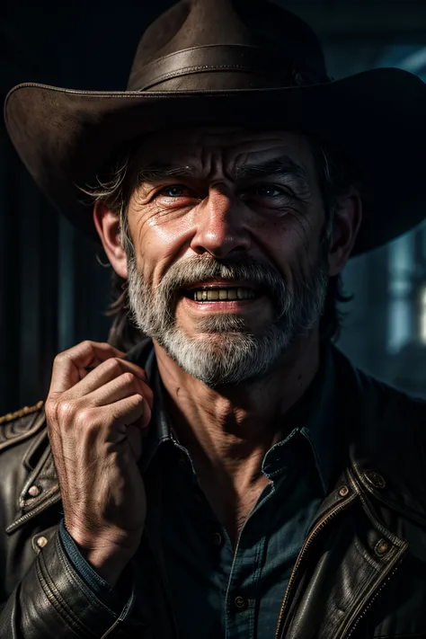 photo realistic, highest quality, RAW photo, cinematic composition, (full body:1.4) photography of a (male gunslinger:1.2), (mocking smile:1.2), (dynamic pose:1.2), pistol ready, haggard face, aquiline nose, bushy eyebrows, haggard skin, macabre, disturbin...