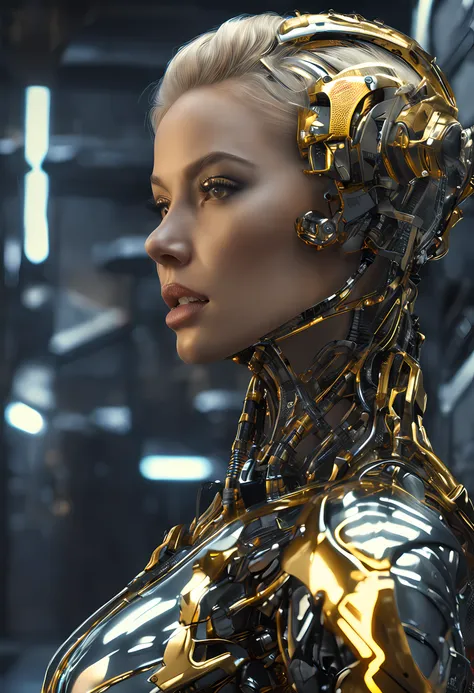 fashion shot of a beautiful woman blond super model in cybernetic suit, "yellow lips" and black, high fashion, perfect composition, beautiful detailed intricate insanely detailed octane render trending on artstation, 8 k artistic photography, photorealisti...