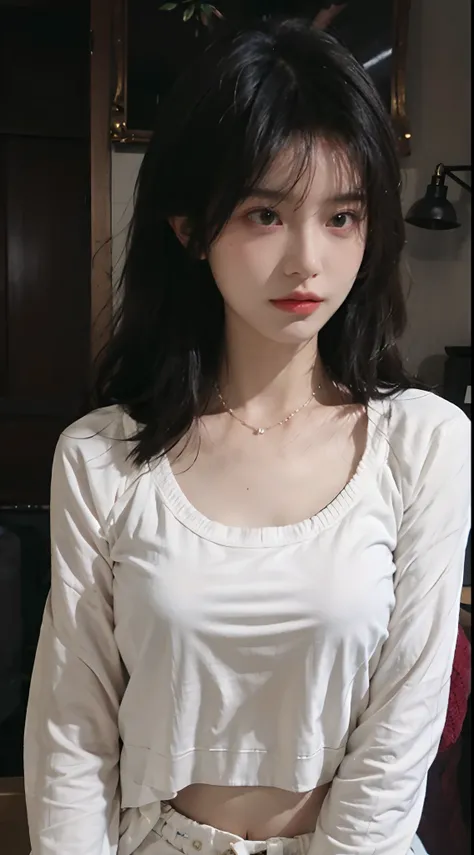 best qualtiy， 超高分辨率， （realisticlying：1.4），Baoyu Girl，1girll, with long coiled hair，Looking into the distance，nedium breasts，Cropped red sweater，a sense of atmosphere，Beautiful woman with a slim figure:1.4, Abs，Ultra-fine face，Elaborate Eyes，二重まぶた，choker ne...