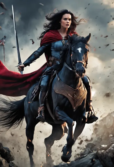 A heroic warrior Snow White charging into battle on horseback, with her sword raised and a fierce determination in her eyes, ((seductive eyes )) leading her troops to victory against the forces of darkness, surrounded by the chaotic and intense environment...