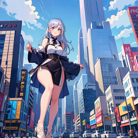 (1 girl), low angle, full shot, skin, silver hair, giantess, cityscape, cars, people