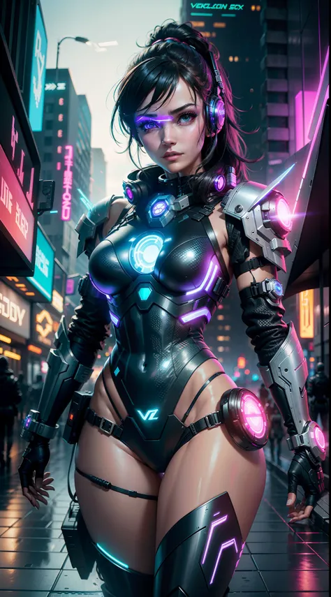 Beautiful cyberpunk girl in bikini armor, using a head-mounted display, In a futuristic city, luz verde, Hologramas, futuristic background, detalhes intrincados, Deusa Neonbeauty, sensual, atraente, SEX, Cybernoir,