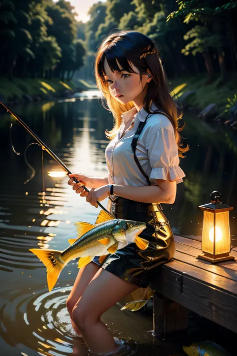 river, night, fishing, girl, golden fish, glowing fish, lamp, dark