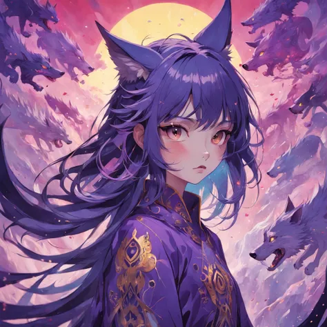 purple girl wolf, random background, sunset, style by Vanessa Lemen, Tim Walker, Tomasz Alen, Kopera Tomokazu Matsuyama. intricate details, sharp focus, concept art, abstraction. Created by IrinaKapi