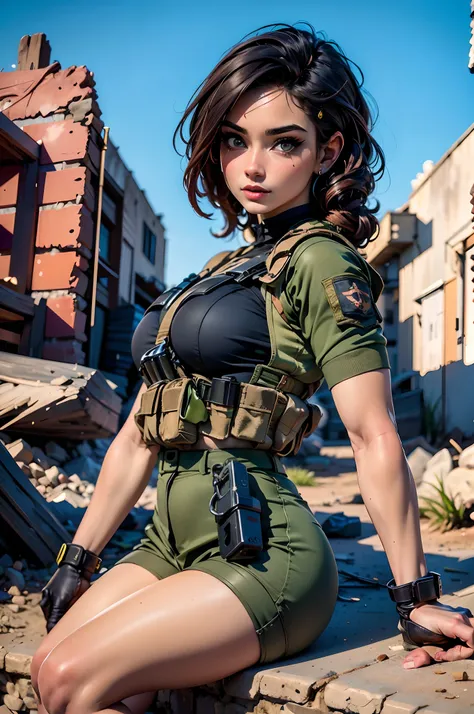 ((foto retrato)) Tacticool, uma mulher, (colete: 1.2), militar, 4k, high-res, obra-prima, melhor qualidade, (headpe: 1.3), pele finamente detalhada, decote, (rainbow hair: 1.8)), olhos extremamente detalhados