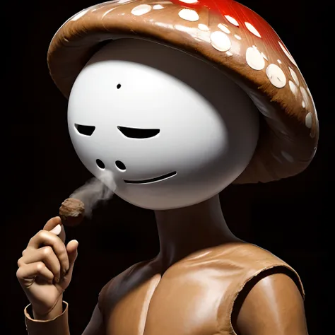 humanoid entity, red mushroom head, mushroom head, blank skin, white colored skin, no facial features, smoking cigar, no face, big brown cigar, one cigar, blank background, no eyes, no nose, no ears,