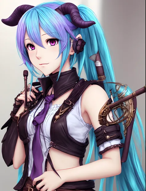 female bard rpg with purple eyes and hair tied back from Hatsune Miku with goat horns